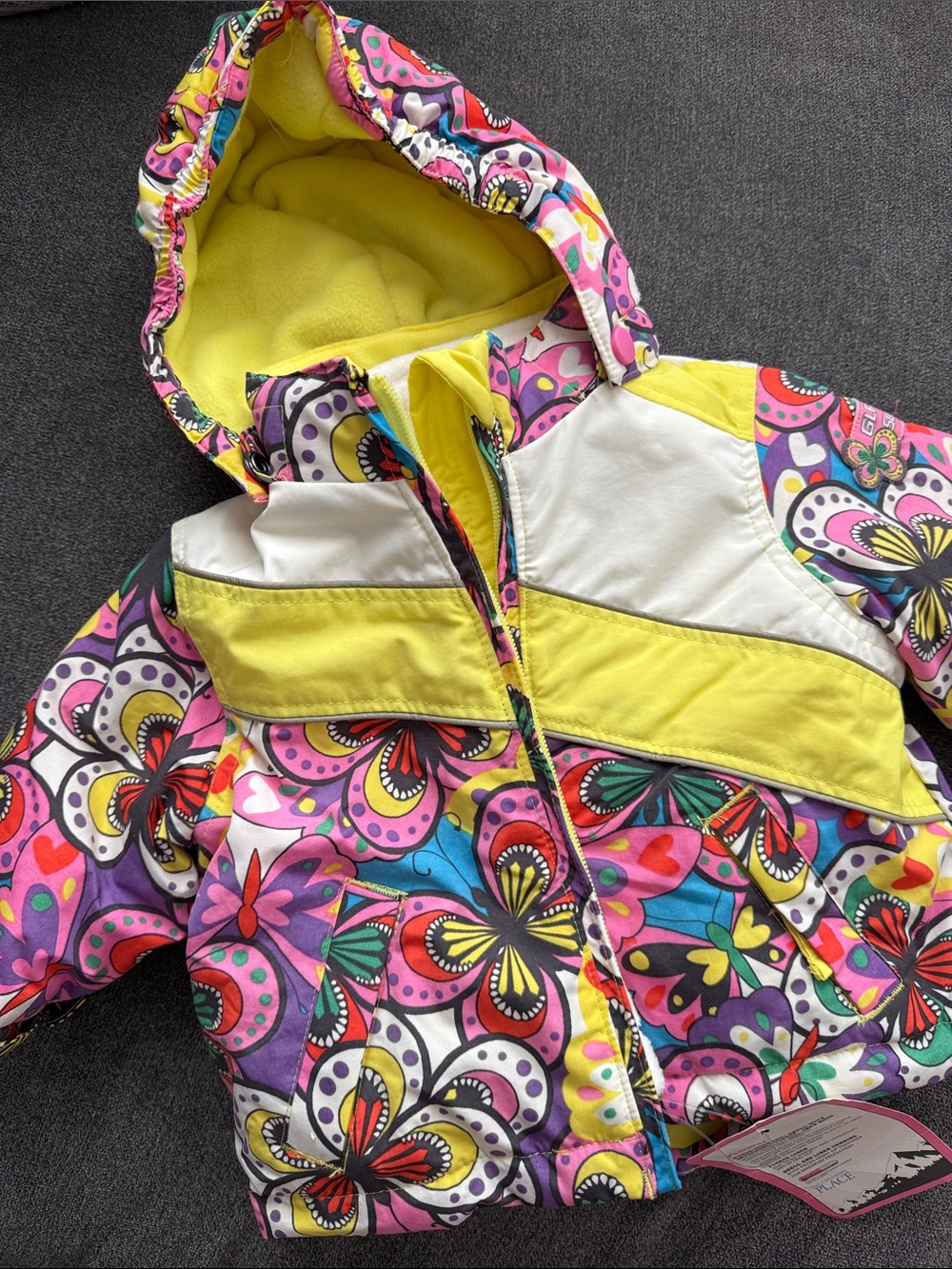 The Children's Place Multicolor Floral Puffer Jacket with Yellow Trim